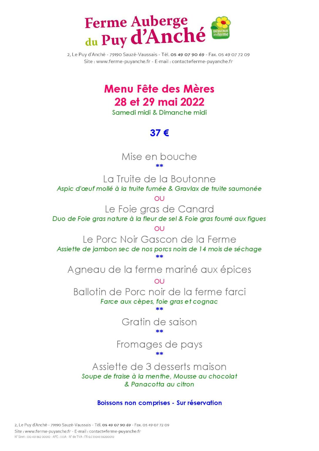 Menu Fête des Mères 2022 La Ferme du Puy Anché